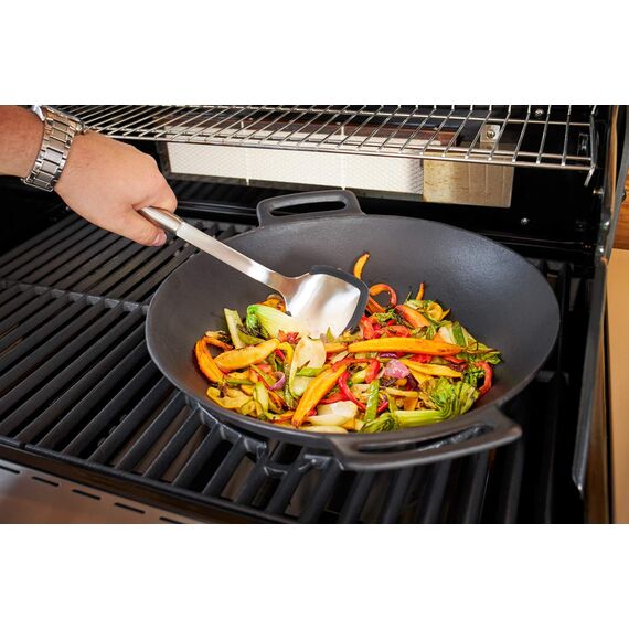 RÖSLE VARIO Wok, Hochwertiger Wok aus emailliertem Gusseisen zum scharfen Anbraten, asiatische Küche, für Herd und Grill geeignet, Schwarz