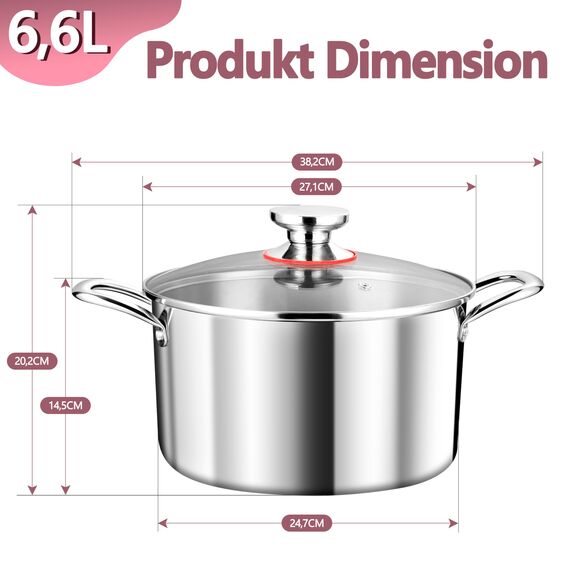 TEAMFAR Kochtopf Groß 26cm, 3-Lagen Edeastahl 6,6L Topf mit Glasdeckel für alle Herdarten, Suppentopf Induktion, Edelstahl poliert & Unbeschichtet