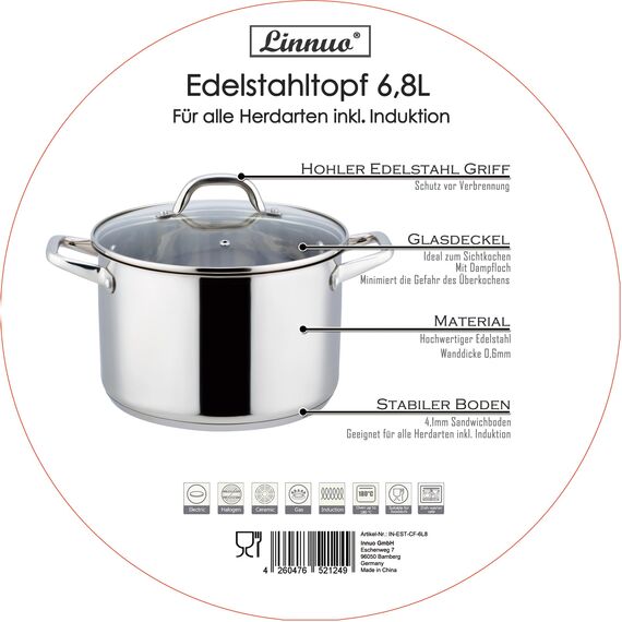 Linnuo Topf 6,8l mit Glasdeckel, Edelstahltopf, Griff Nicht heiß | Topf Induktion geeignet, Stabiler Boden für alle Herdearten | Kochtopf groß, als Suppentopf Kartoffeltopf Nudeltopf | Cooking Pot