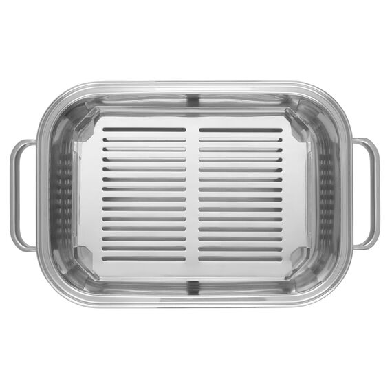 WMF Vitalis Aroma Dampfgarer, Bräter Induktion, 41x27x10cm, Auflaufform 6,5l, Servierzange, Glasdeckel Silikonrand, Thermometer, Garblech, Schmortopf Cromargan Edelstahl unbeschichtet