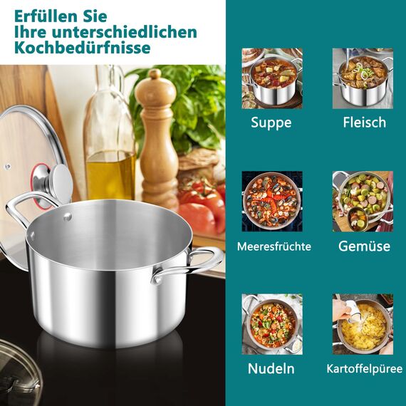 TEAMFAR Kochtopf, 20cm Topf Induktion aus 3-Lagen Edeastahl, 3,3L Nudeltopf Fleischtopf mit Glasdeckel für alle Herdarten, Edeastahl poliert & Unbeschichtet, Gesund, Spülmaschinenfest