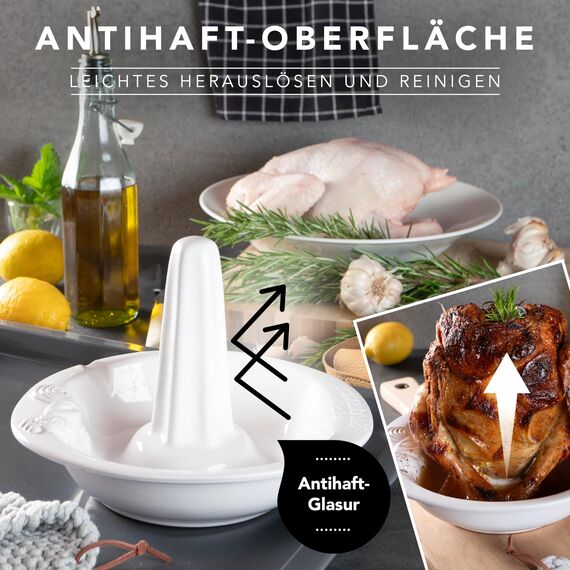 Römertopf Hähnchenbräter CHICO – Hähnchenhalter mit Aromabehälter aus Naturton – 25 cm – für Hähnchen & Ente bis 2 kg – Hähnchen Grill Halter für Backofen & Grill