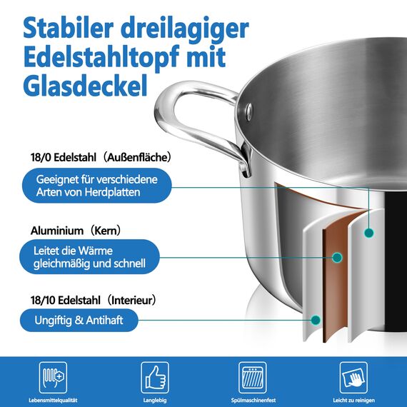 TEAMFAR Kochtopf Groß 24cm, 3-Lagen Edeastahl 5,7L Topf mit Glasdeckel für alle Herdarten, Suppentopf Nudeltopf Induktion zum Kochen, Edelstahl poliert & Unbeschichtet, Gesund, Spülmaschinenfest