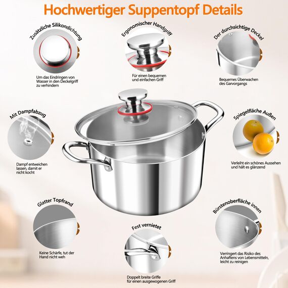 TEAMFAR Kochtopf, 3-Lagen Edeastahl 22cm Topf Induktion mit Glasdeckel, 4,75L Nudeltopf Fleischtopf für alle Herdarten, Edeastahl poliert & Unbeschichtet