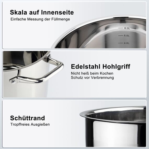 Linnuo Topf 6,8l mit Glasdeckel, Edelstahltopf, Griff Nicht heiß | Topf Induktion geeignet, Stabiler Boden für alle Herdearten | Kochtopf groß, als Suppentopf Kartoffeltopf Nudeltopf | Cooking Pot