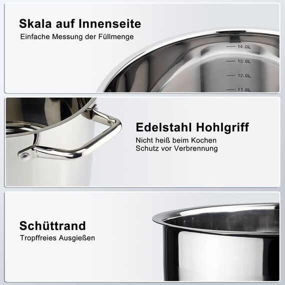 Linnuo großer Topf 15l mit Glasdeckel,18/8 Edelstahl, Griff nicht heiß, Topf Induktion geeignet, Stabiler Boden für alle Herdearten, Kochtopf groß, als Nudeltopf Kartoffeltopf Suppentopf | Cooking Pot