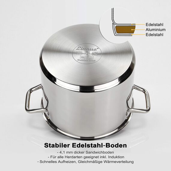 Linnuo Topf 10l mit Glasdeckel, Edelstahltopf, Griff nicht heiß | Topf Induktion geeignet, Stabiler Boden für alle Herdearten | Kochtopf groß, als Suppentopf Kartoffeltopf Nudeltopf | Cooking Pot