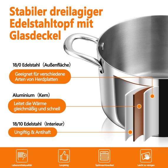 TEAMFAR Kochtopf, 3-Lagen Edeastahl 22cm Topf Induktion mit Glasdeckel, 4,75L Nudeltopf Fleischtopf für alle Herdarten, Edeastahl poliert & Unbeschichtet