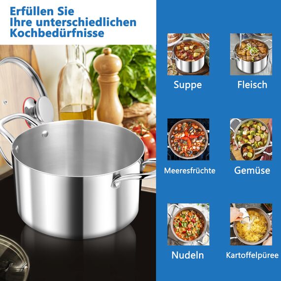 TEAMFAR Kochtopf Groß 24cm, 3-Lagen Edeastahl 5,7L Topf mit Glasdeckel für alle Herdarten, Suppentopf Nudeltopf Induktion zum Kochen, Edelstahl poliert & Unbeschichtet, Gesund, Spülmaschinenfest