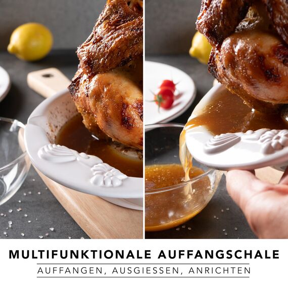 Römertopf Hähnchenbräter CHICO – Hähnchenhalter mit Aromabehälter aus Naturton – 25 cm – für Hähnchen & Ente bis 2 kg – Hähnchen Grill Halter für Backofen & Grill