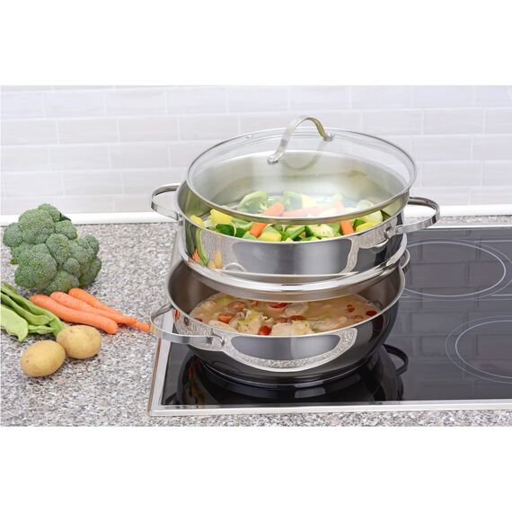 GRÄWE Dampfgarer/Servierpfanne 28 cm mit zwei Dampfeinsätzen, Serie Pro-Line