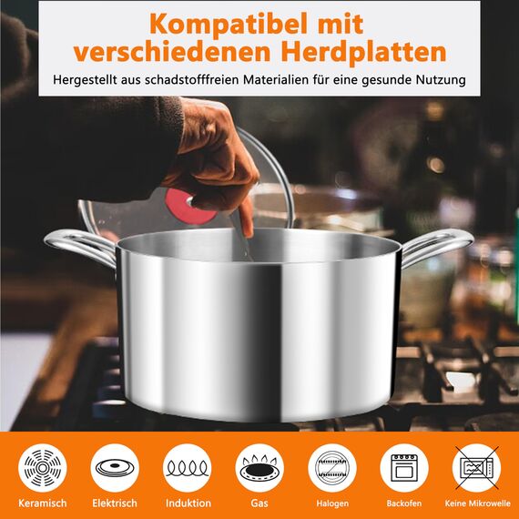 TEAMFAR Kochtopf, 3-Lagen Edeastahl 22cm Topf Induktion mit Glasdeckel, 4,75L Nudeltopf Fleischtopf für alle Herdarten, Edeastahl poliert & Unbeschichtet