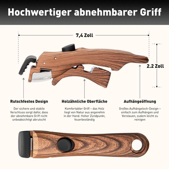 Kitchen Academy Abnehmbarer Griff Bratpfanne Ersatz für Topfgriffe für Tragbares Kochgeschirr, Abnehmbarer Griff für Töpfe Pfannen und Stapelbares Kochgeschirrset Hitzebeständiger