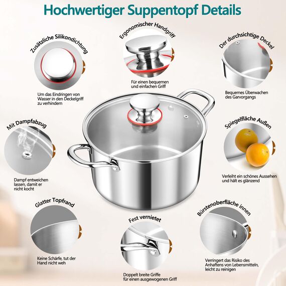 TEAMFAR Kochtopf, 20cm Topf Induktion aus 3-Lagen Edeastahl, 3,3L Nudeltopf Fleischtopf mit Glasdeckel für alle Herdarten, Edeastahl poliert & Unbeschichtet, Gesund, Spülmaschinenfest