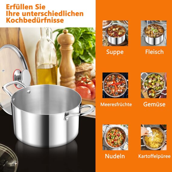 TEAMFAR Kochtopf, 3-Lagen Edeastahl 22cm Topf Induktion mit Glasdeckel, 4,75L Nudeltopf Fleischtopf für alle Herdarten, Edeastahl poliert & Unbeschichtet