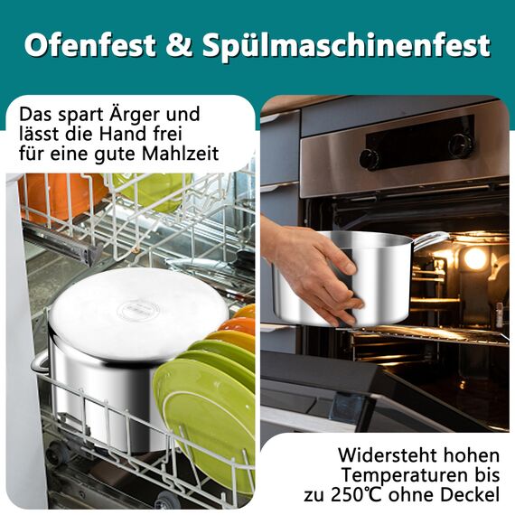 TEAMFAR Kochtopf, 20cm Topf Induktion aus 3-Lagen Edeastahl, 3,3L Nudeltopf Fleischtopf mit Glasdeckel für alle Herdarten, Edeastahl poliert & Unbeschichtet, Gesund, Spülmaschinenfest