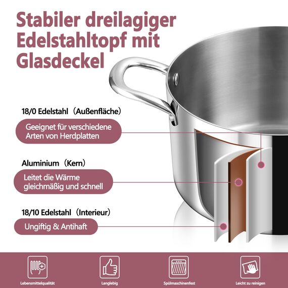 TEAMFAR Kochtopf Groß 26cm, 3-Lagen Edeastahl 6,6L Topf mit Glasdeckel für alle Herdarten, Suppentopf Induktion, Edelstahl poliert & Unbeschichtet