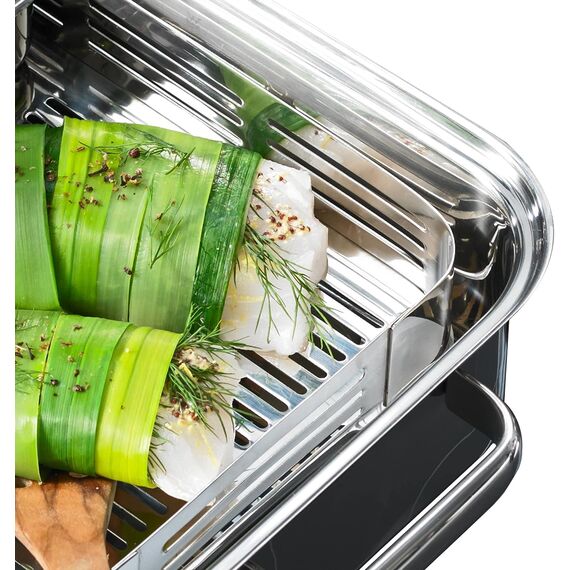 WMF Vitalis Aroma Dampfgarer, Bräter Induktion, 41x27x10 cm, Auflaufform 6,5l, Glasdeckel Silikonrand, Dampfgarer für Backofen, Garthermometer, Garblech, Cromargan Edelstahl unbeschichtet