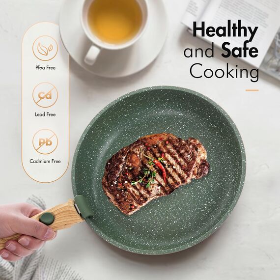 Kitchen Academy Topfset 10tlg, Topf Pfannenset mit Glasdeckeln, Marmorbeschichtung Antihaft-Versiegelung Kochgeschirr-Set, induktionsgeeignet, Maseriger glater Griff, Grün