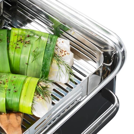 WMF Vitalis Aroma Dampfgarer, Bräter Induktion, 41x27x10cm, Auflaufform 6,5l, Servierzange, Glasdeckel Silikonrand, Thermometer, Garblech, Schmortopf Cromargan Edelstahl unbeschichtet