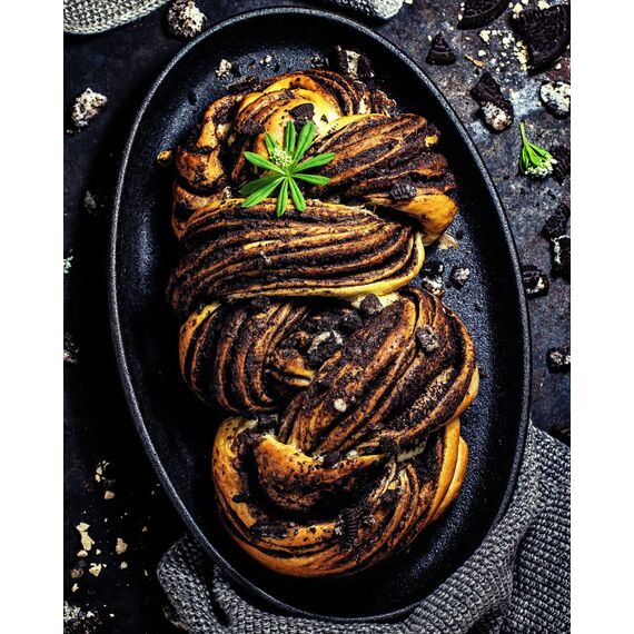 BBQ-Toro Gusseisen Servierpfännchen mit Holzunterlage (4 Stück) | 27 x 18 x 3 cm - oval | bereits eingebrannt - preseasoned | Grillpfännchen mit abnehmbarem Griff | Gusseisenpfanne, Paella Pfanne