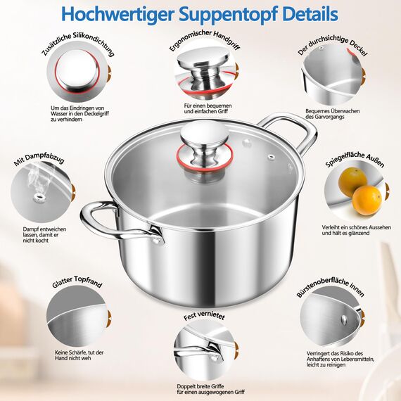 TEAMFAR Kochtopf Groß 24cm, 3-Lagen Edeastahl 5,7L Topf mit Glasdeckel für alle Herdarten, Suppentopf Nudeltopf Induktion zum Kochen, Edelstahl poliert & Unbeschichtet, Gesund, Spülmaschinenfest