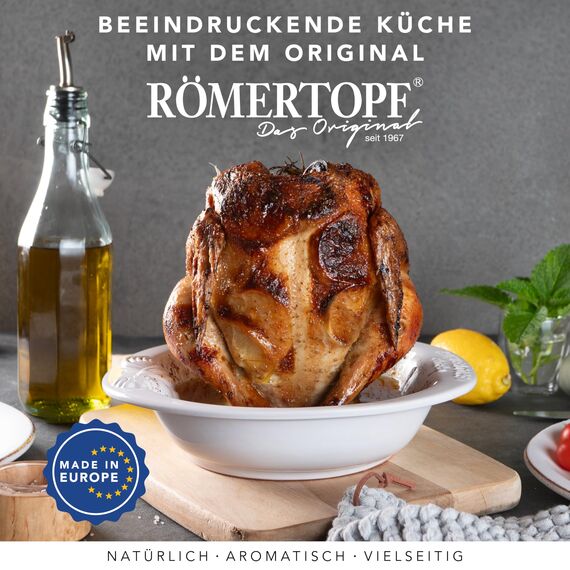 Römertopf Hähnchenbräter CHICO – Hähnchenhalter mit Aromabehälter aus Naturton – 25 cm – für Hähnchen & Ente bis 2 kg – Hähnchen Grill Halter für Backofen & Grill