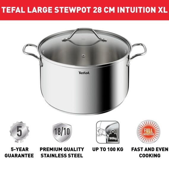 Tefal Intuition XL B8646404 Großer Edelstahl-Kochtopf 28 cm/8 L, Induktion, 5 Jahre Garantie, Premium 18/10 Edelstahl, Größe XL, stabile Griffe, Glasdeckel