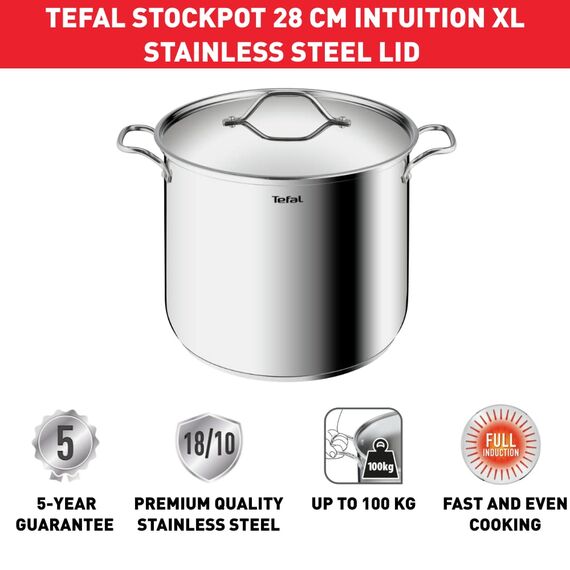 Tefal Intuition XL B8649004 Catering, Edelstahl, 28 x 23 cm, 12 l, Induktion, Edelstahl 18/10, Premium-Qualität, Größe XL, robuste Griffe, Deckel aus Edelstahl