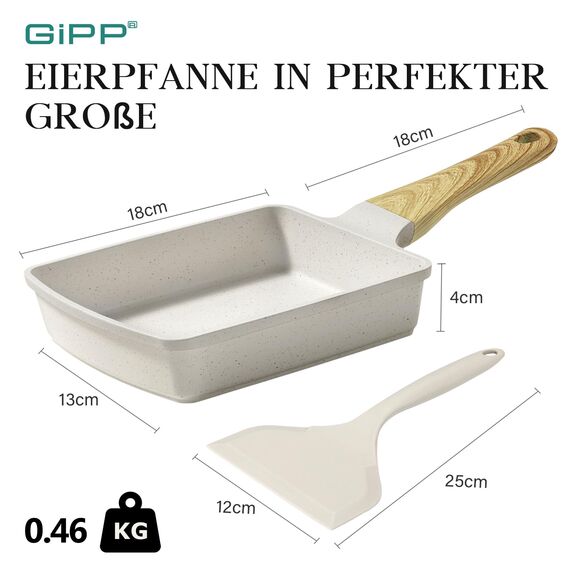 GiPP Tamagoyaki Pfanne Induktion, 18x13 cm Japanische Omelettpfanne, Granit-Antihaftbeschichtung, PFOS/PFOA-frei, Vielseitige Kleine Pfanne für Gebratenes Frühstück/Eier/Wurst/Speck/Käse, Weiß
