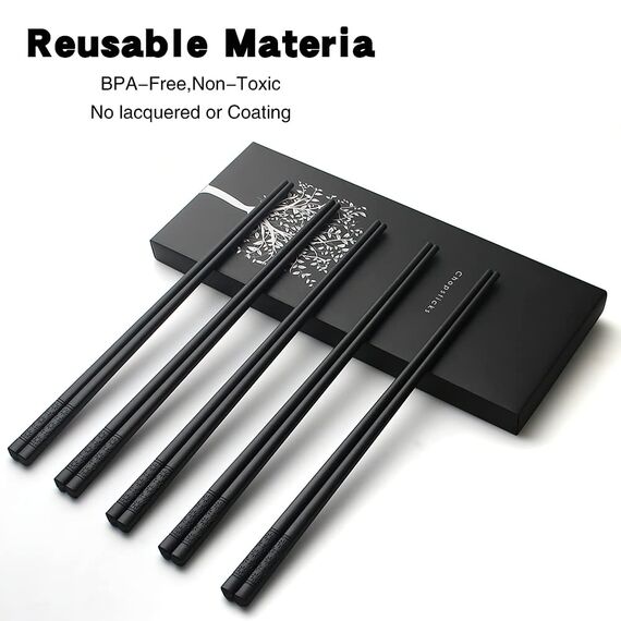AOOSY 5-Paar Fiberglas Spülmaschinenfeste Essstäbchen, japanische Essstäbchen Wiederverwendbare Legierung Schwarze Essstäbchen Schwarzes Sushi Rutschfeste Essstäbchen Set