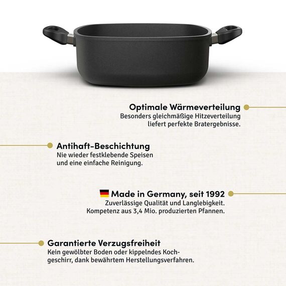 Hoffmann Schmorkasserolle 28x28 cm Induktion Viereckpfanne I Made in Germany I Servierpfanne Eckig I Gussbräter I Viereckbräter mit Glasdeckel Bräter Schmorpfanne Induktionsgeeignet Backofengeeignet