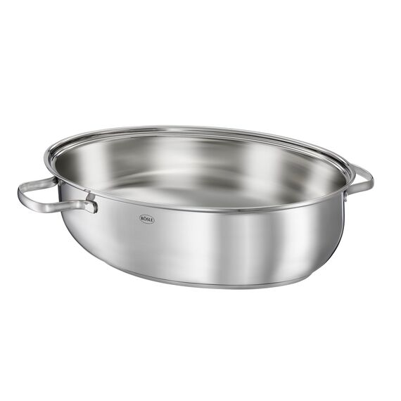 RÖSLE ELEGANCE Bräter oval, Hochwertiger Bräter mit Glasdeckel, Edelstahl 18/10, silberfarben, backofengeeignet, induktionsgeeignet