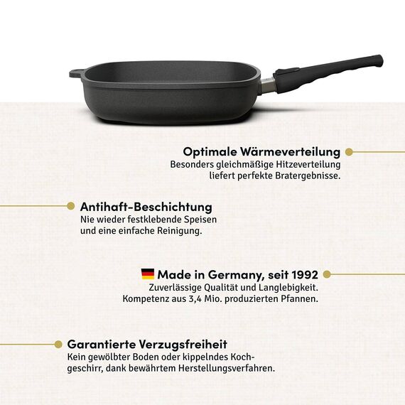 Hoffmann Aluguss Pfanne 28x28 cm Induktion viereckig Hoher Rand I Schmorpfanne Innenhöhe 6 cm I Viereckpfanne beschichtet I Eckpfanne Antihaft Rechteckpfanne ohne Glasdeckel