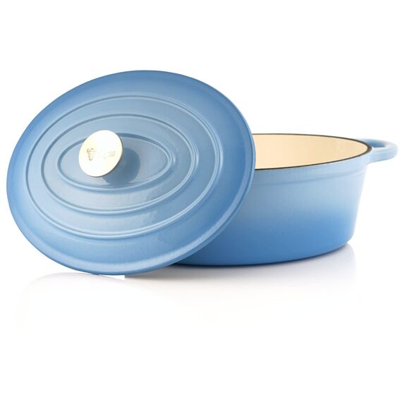 BBQ-Toro Gusseisen Cocotte | 4,3 Liter | blau, oval | Emaillierter Gusseisen Bräter mit Deckel | Gusstopf, induktionsgeeignet | Topf mit Aroma-Tropfnasen am Deckel | Gussbräter, Bratentopf
