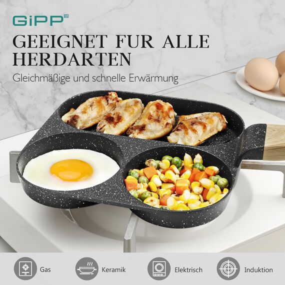 GiPP Spiegeleipfanne, 3-Loch Omlettenpfanne, Granit-Antihaftbeschichtung, PFOS/PFOA-Frei Eierpfanne für Gebratenes Frühstück/Eier/Wurst/Speck, Grau