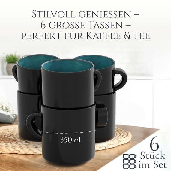 Steingut kleine Kaffeetassen 6 Pers. Ibiza Hochwertiges Mediterranes TEST SEHR GUT Tassen Set, Spülmaschinen-, Mikrowellen- und Kratzfest - Stylisches Tee- und Kaffeebecher Set - Pure Living in Petrol