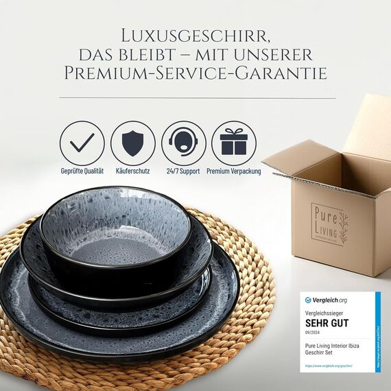 Steingut Geschirrset 6 Personen Ibiza 24 tlg, Traumhaftes Mediterranes Steingut Geschirr Set, Schüssel- und Teller Set, Tafelservice 6 Personen, Geschirrsets Pure Living in Grau/schwarz
