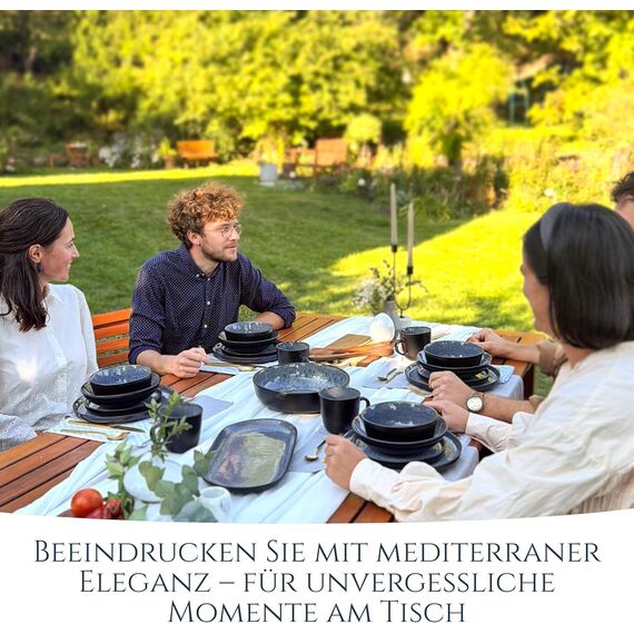 Steingut Geschirrset 6 Personen Ibiza 24 tlg, Traumhaftes Mediterranes Steingut Geschirr Set, Schüssel- und Teller Set, Tafelservice 6 Personen, Geschirrsets Pure Living in Grau/schwarz