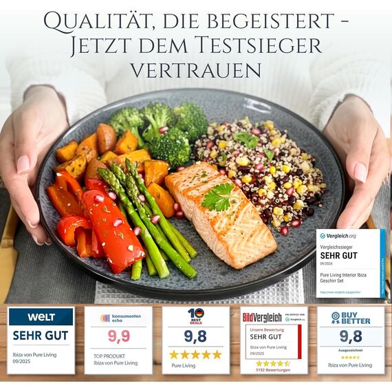 Steingut Geschirrset 6 Personen Ibiza 24 tlg, Traumhaftes Mediterranes Steingut Geschirr Set, Schüssel- und Teller Set, Tafelservice 6 Personen, Geschirrsets Pure Living in Grau/schwarz