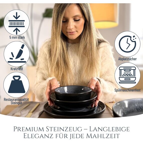 Steingut Geschirrset 6 Personen Ibiza 24 tlg, Traumhaftes Mediterranes Steingut Geschirr Set, Schüssel- und Teller Set, Tafelservice 6 Personen, Geschirrsets Pure Living in Grau/schwarz
