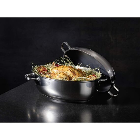 RÖSLE ELEGANCE Bräter oval, Multifunktionsdeckel mit Antihaftversiegelung ProPlex, Edelstahl 18/10, silberfarben/schwarz, PFOA frei, backofengeeignet, induktionsgeeignet