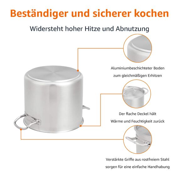 Amazon Basics Edelstahl-Suppentopf mit Aluminiumbeschichtung und Deckel, 11.4 l, Silber