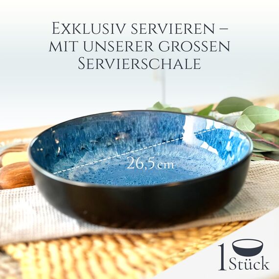 Steingut Servierschüssel Ibiza TESTSIEGER, Traumhafte Mediterrane Salatschüssel, Servierschale - Bowl Schüssel Groß, Salatschale - Pure Living in Tiefblau