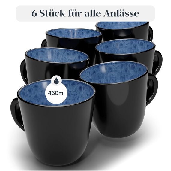Steingut Kaffeetassen 6 Personen Ibiza TESTSIEGER, Traumhaftes Mediterranes Steingut Tassen Set, Stylisches Tee- und Kaffeebecher Set, Pure Living in Tiefblau