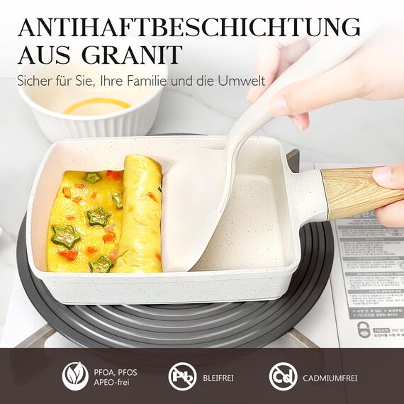 GiPP Tamagoyaki Pfanne Induktion, 18x13 cm Japanische Omelettpfanne, Granit-Antihaftbeschichtung, PFOS/PFOA-frei, Vielseitige Kleine Pfanne für Gebratenes Frühstück/Eier/Wurst/Speck/Käse, Weiß