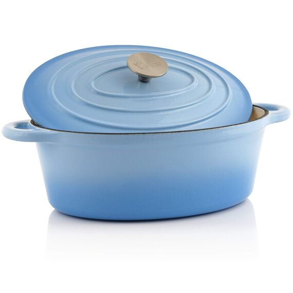 BBQ-Toro Gusseisen Cocotte | 4,3 Liter | blau, oval | Emaillierter Gusseisen Bräter mit Deckel | Gusstopf, induktionsgeeignet | Topf mit Aroma-Tropfnasen am Deckel | Gussbräter, Bratentopf