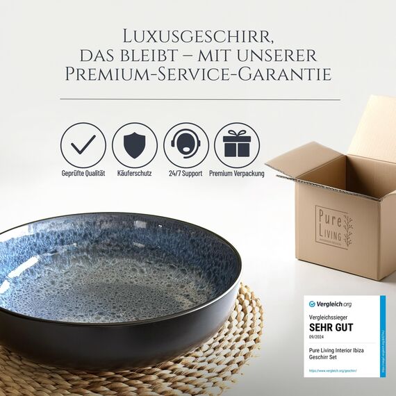 Steingut Servierschüssel Ibiza TESTSIEGER, Traumhafte Mediterrane Salatschüssel, Servierschale - Bowl Schüssel Groß, Salatschale - Pure Living in Rauchblau
