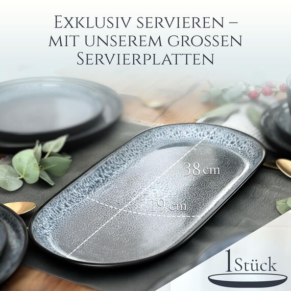 Steingut Servier Teller Groß Ibiza TESTSIEGER, Traumhafte Mediterrane Steingut Servierplatte, Serving Plate Oval, Servierteller Groß - Pure Living in Grau