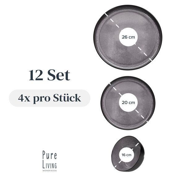 Steingut Geschirrset 4 Personen Ibiza 12 tlg. TESTSIEGER, Traumhaftes Mediterranes Steingut Geschirr Set, Schüssel- und Teller Set, Tafelservice 4 Personen, Geschirrsets Pure Living in Grau